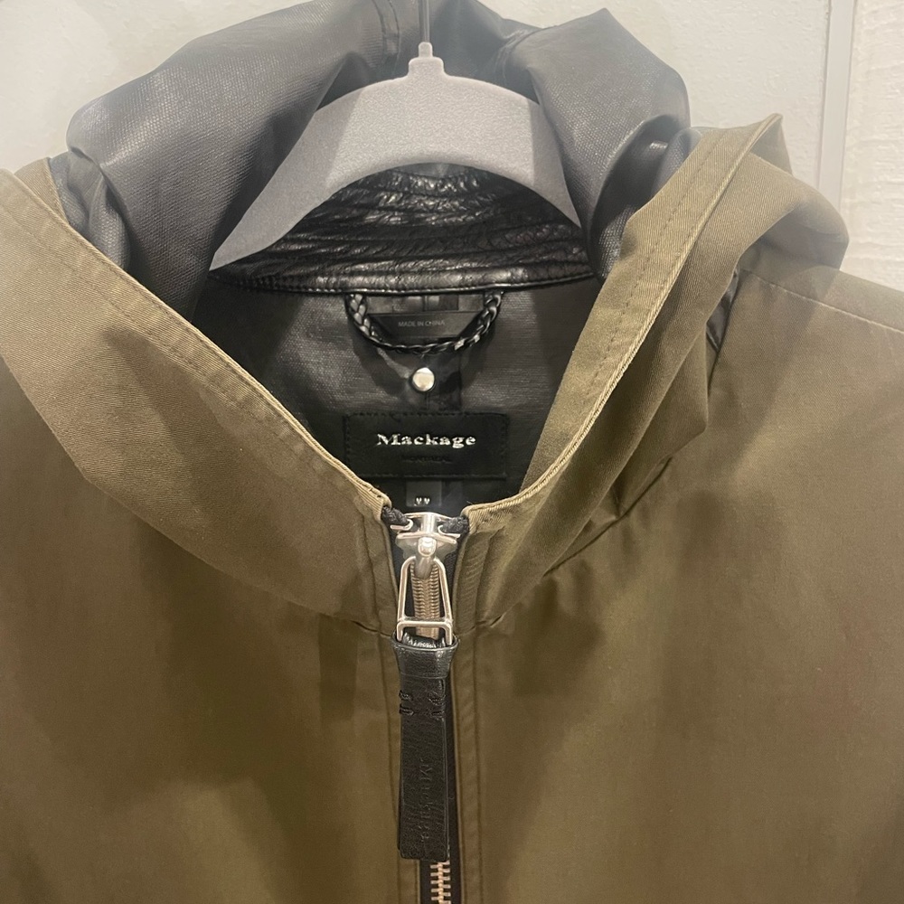 Olive Hooded Long Coat with Leather Trim - Picture 2 of 5